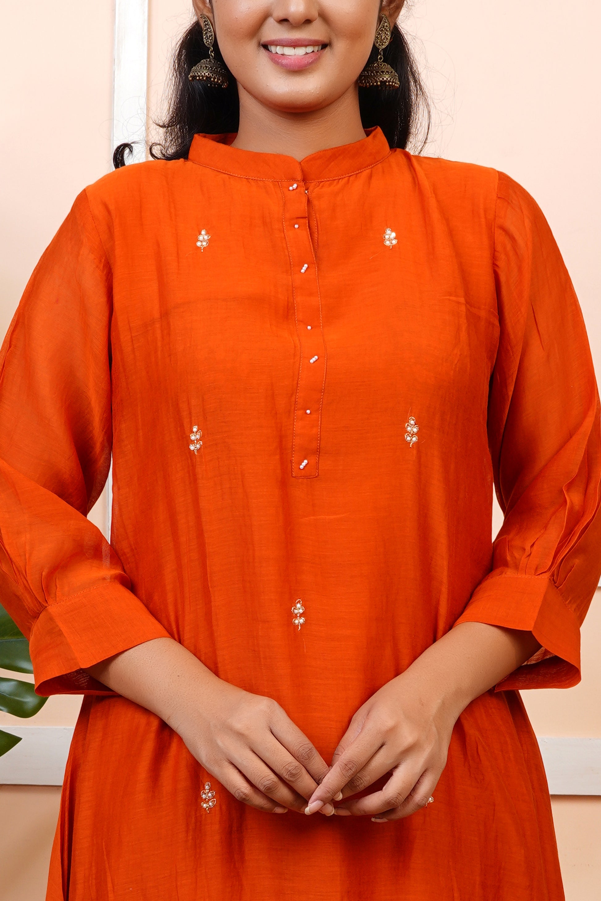 Women Orange Partywear Mul Chanderi Kurta set With Dupatta | LASVINI