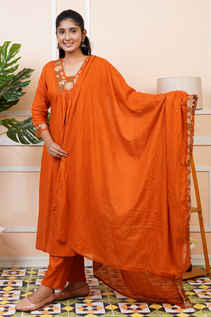 Women Rust Orange Embroidery A-Line Kurta Set with Dupatta | LASVINI