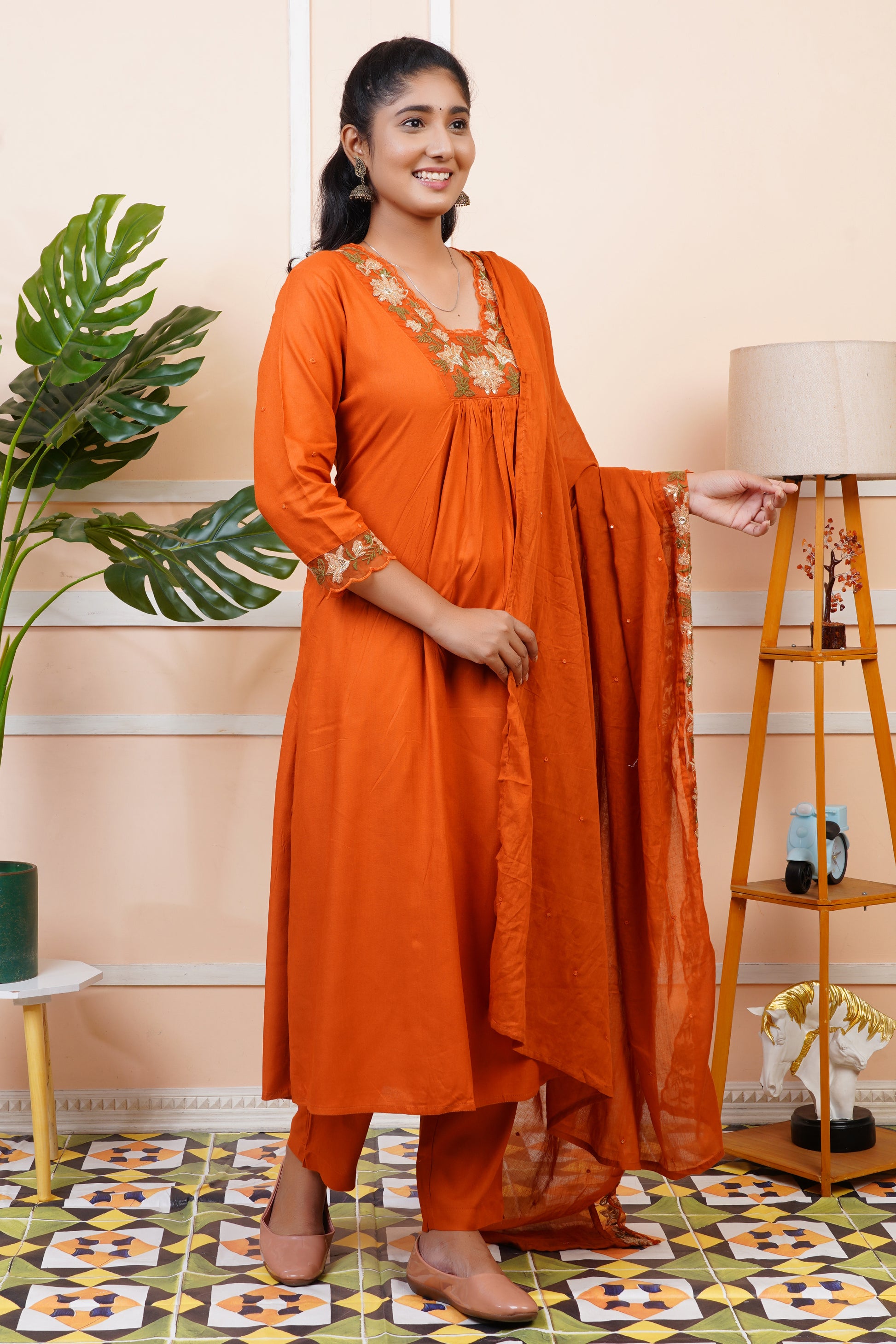 Women Rust Orange Embroidery A-Line Kurta Set with Dupatta | LASVINI