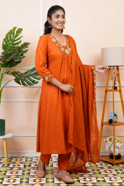 Women Rust Orange Embroidery A-Line Kurta Set with Dupatta | LASVINI