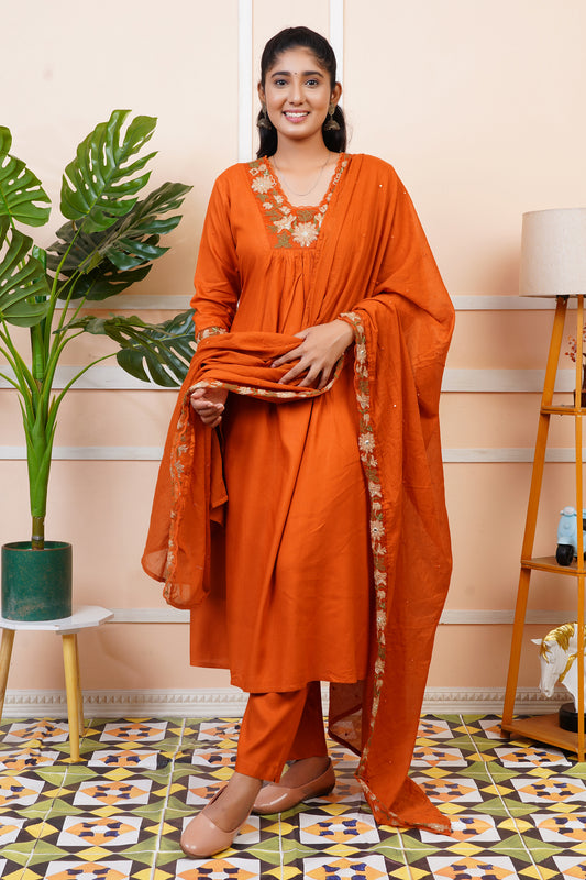 Women Rust Orange Embroidery A-Line Kurta Set with Dupatta | LASVINI