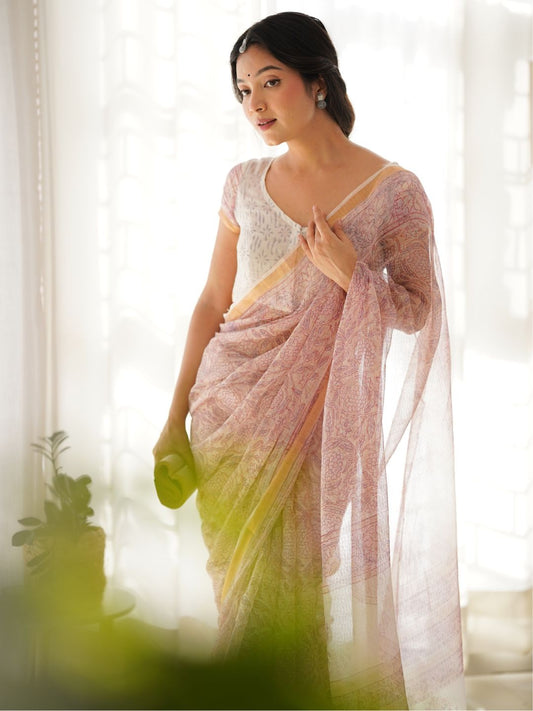 Pink Hand Block Cotton Kota Doria Saree | LASVINI - Redefining Indian Fashion with Elegance