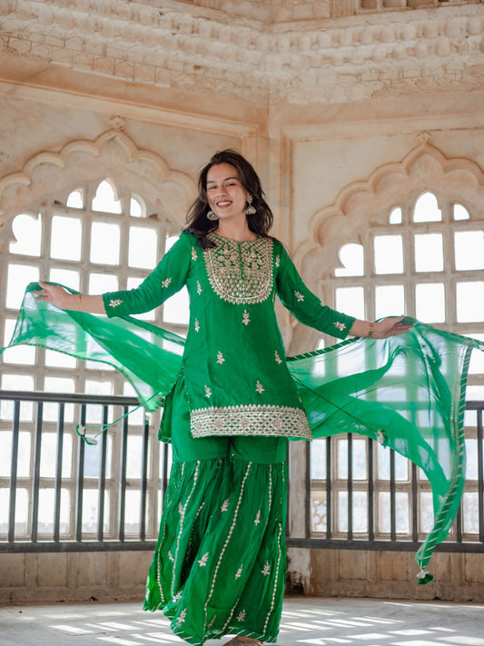 Dark Green Russian Silk Hand Embroidery Kurta Sharara With Organza Dupatta | LASVINI - Redefining Indian Fashion with Elegance