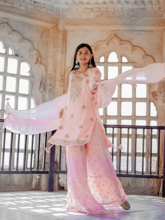 Women Pink Yoke Design Zardozi Chanderi Silk Kurta With Sharara & With Dupatta | LASVINI - Redefining Indian Fashion with Elegance
