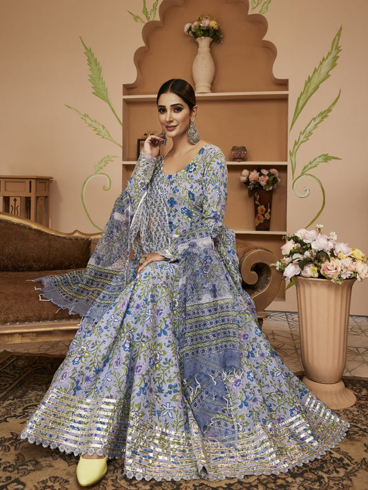Hand Block Floral Printed Blue Anarkali Cotton Kurta With Trousers & Dupatta | LASVINI - Redefining Indian Fashion with Elegance