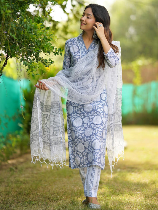 Sky Blue Hand Block Printed Straight Kurta Pant Set With Dupatta | LASVINI - Redefining Indian Fashion with Elegance