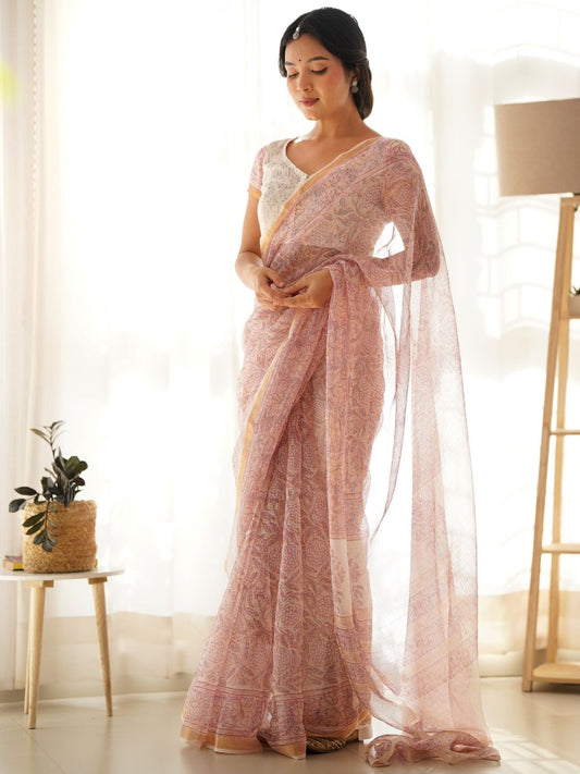 Pink Hand Block Cotton Kota Doria Saree | LASVINI - Redefining Indian Fashion with Elegance