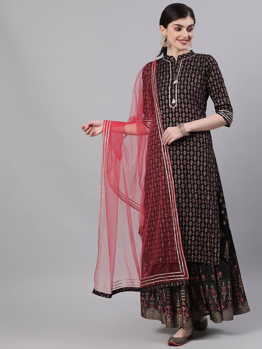 Women Black Three-Quarter Sleeves Straight Kurta Skirt With Dupatta | LASVINI - Redefining Indian Fashion with Elegance