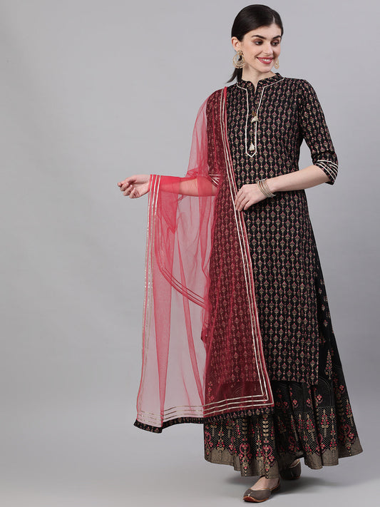Women Black Three-Quarter Sleeves Straight Kurta Skirt With Dupatta | LASVINI - Redefining Indian Fashion with Elegance