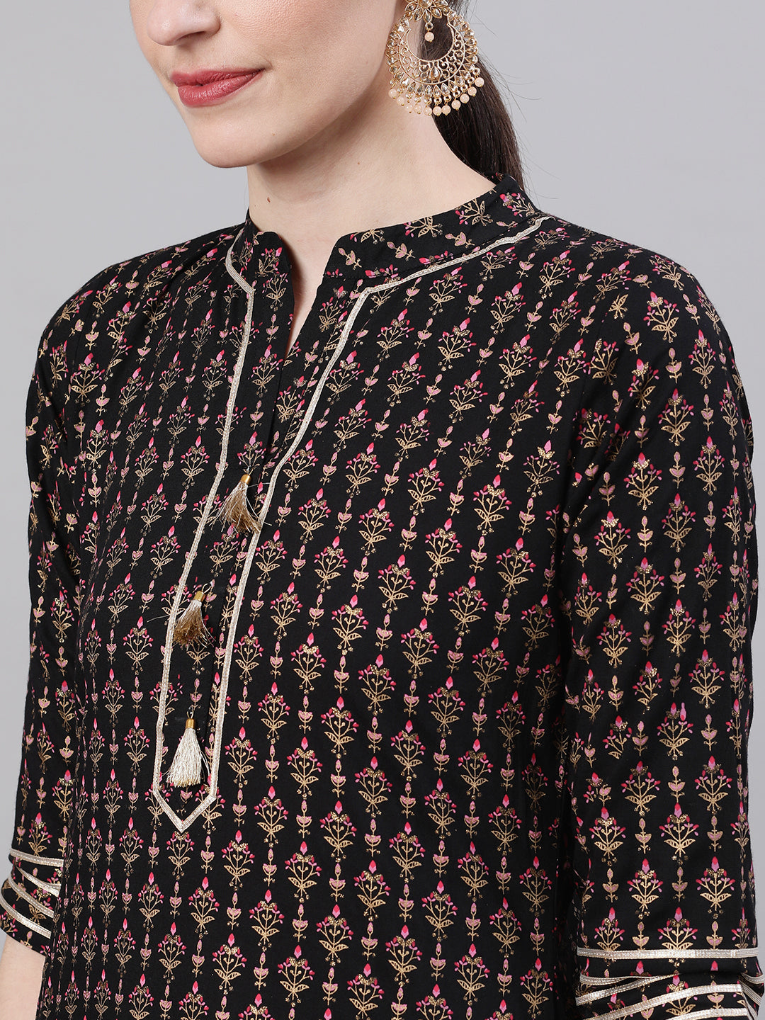 Women Black Three-Quarter Sleeves Straight Kurta Skirt With Dupatta | LASVINI - Redefining Indian Fashion with Elegance