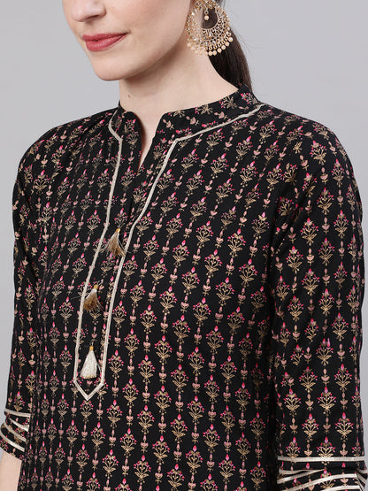 Women Black Three-Quarter Sleeves Straight Kurta Skirt With Dupatta | LASVINI - Redefining Indian Fashion with Elegance