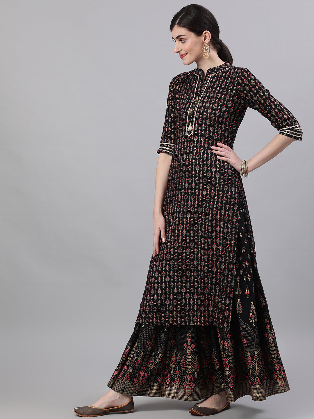 Women Black Three-Quarter Sleeves Straight Kurta Skirt With Dupatta | LASVINI - Redefining Indian Fashion with Elegance