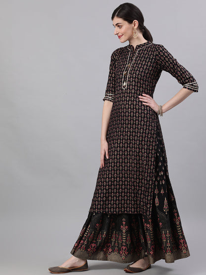 Women Black Three-Quarter Sleeves Straight Kurta Skirt With Dupatta | LASVINI - Redefining Indian Fashion with Elegance