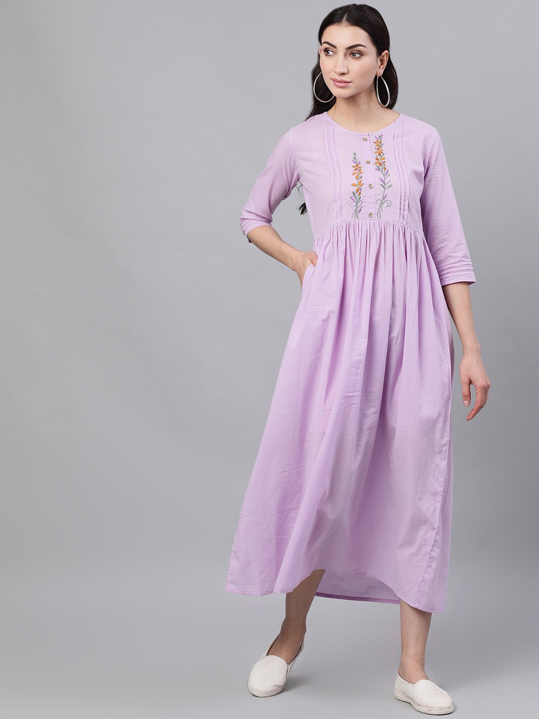 Women Lavender Solid Solid Round Neck Cotton Maxi Dress | LASVINI - Redefining Indian Fashion with Elegance