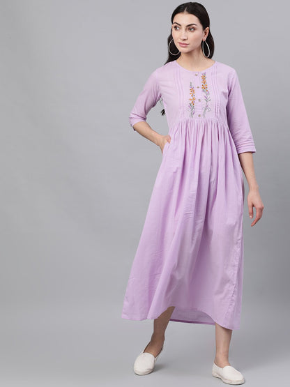Women Lavender Solid Solid Round Neck Cotton Maxi Dress | LASVINI - Redefining Indian Fashion with Elegance