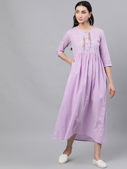 Women Lavender Solid Solid Round Neck Cotton Maxi Dress | LASVINI - Redefining Indian Fashion with Elegance