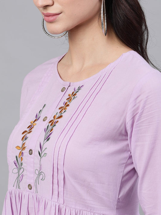 Women Lavender Solid Solid Round Neck Cotton Maxi Dress | LASVINI - Redefining Indian Fashion with Elegance