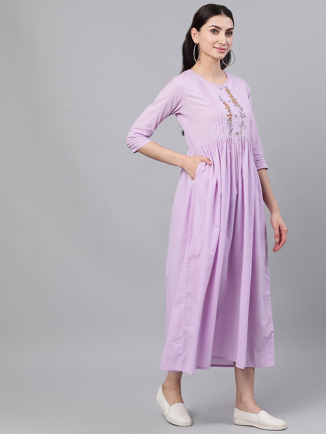Women Lavender Solid Solid Round Neck Cotton Maxi Dress | LASVINI - Redefining Indian Fashion with Elegance