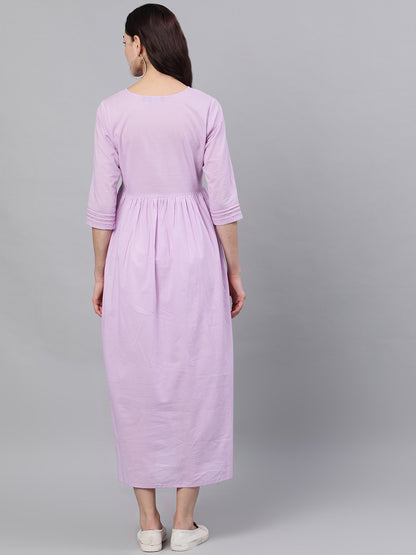 Women Lavender Solid Solid Round Neck Cotton Maxi Dress | LASVINI - Redefining Indian Fashion with Elegance