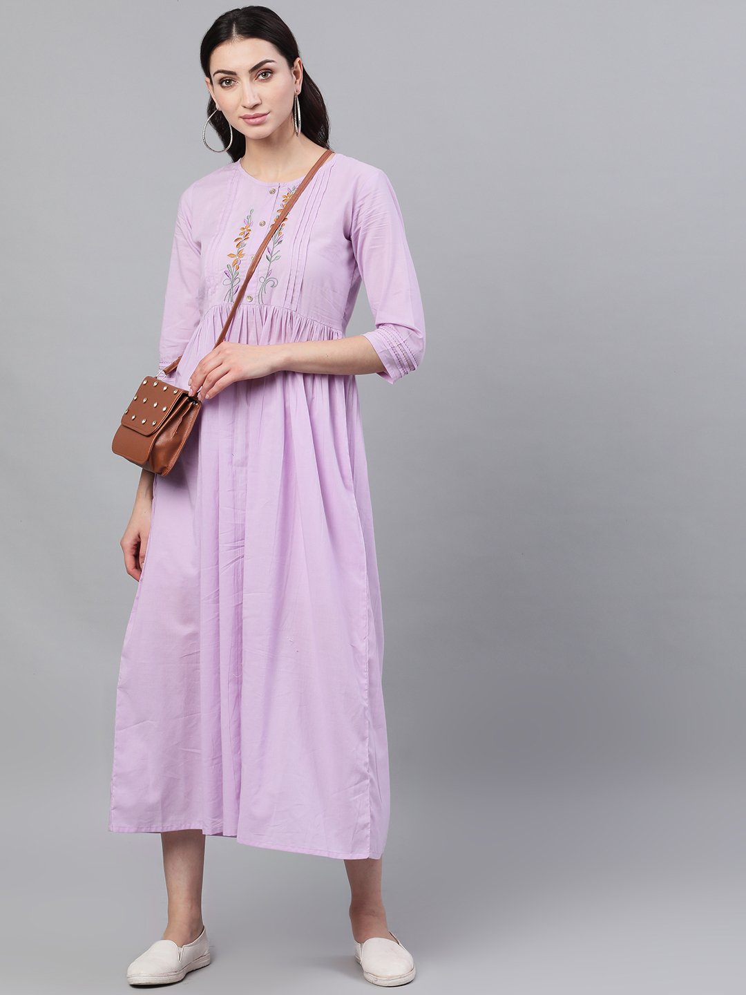 Women Lavender Solid Solid Round Neck Cotton Maxi Dress | LASVINI - Redefining Indian Fashion with Elegance