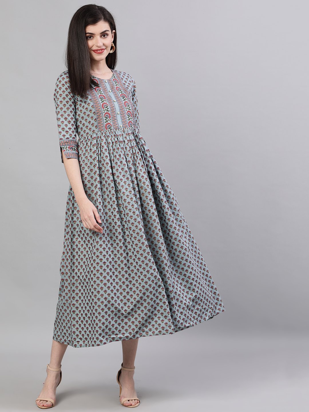 Women Blue Ethnic Motifs Printed Round Neck Cotton Maxi Dress | LASVINI - Redefining Indian Fashion with Elegance