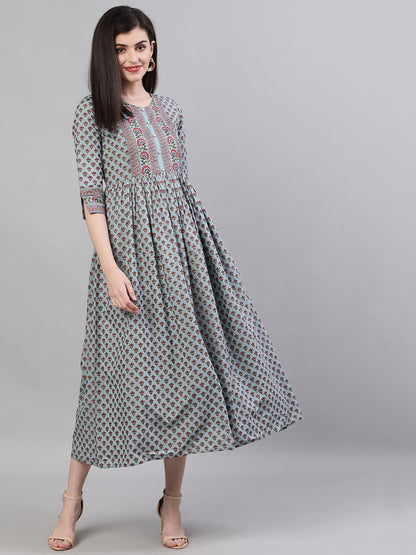 Women Blue Ethnic Motifs Printed Round Neck Cotton Maxi Dress | LASVINI - Redefining Indian Fashion with Elegance