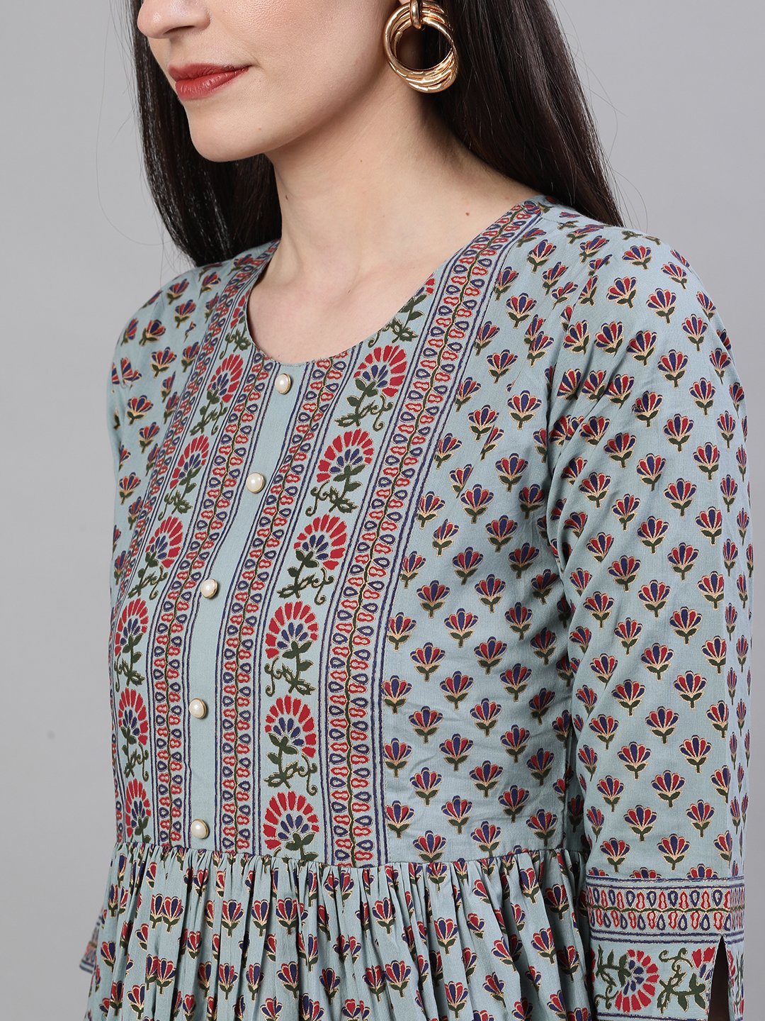 Women Blue Ethnic Motifs Printed Round Neck Cotton Maxi Dress | LASVINI - Redefining Indian Fashion with Elegance