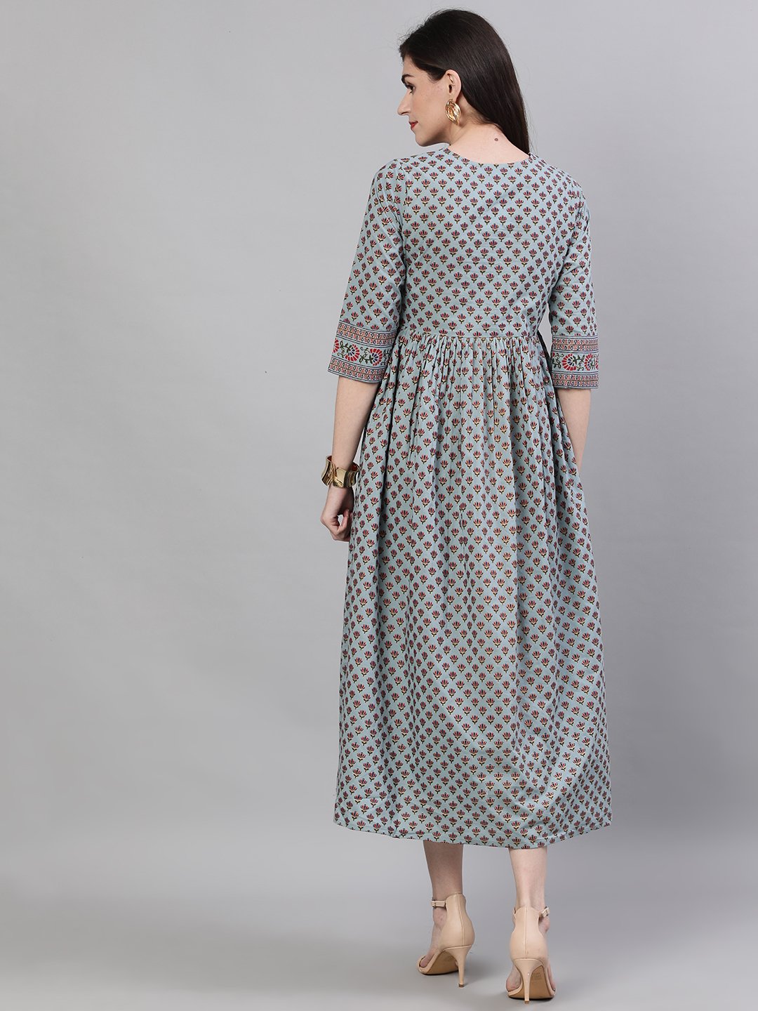 Women Blue Ethnic Motifs Printed Round Neck Cotton Maxi Dress | LASVINI - Redefining Indian Fashion with Elegance