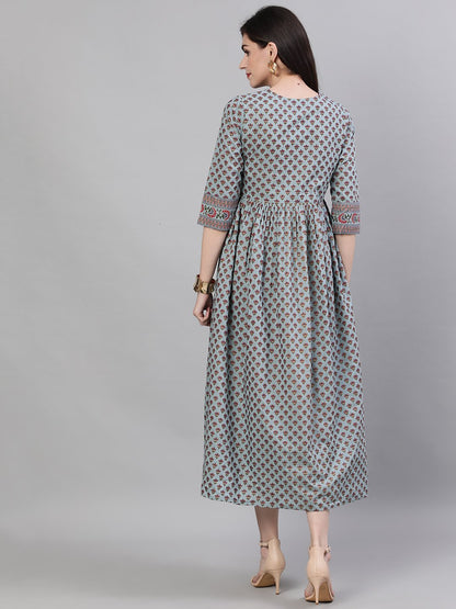 Women Blue Ethnic Motifs Printed Round Neck Cotton Maxi Dress | LASVINI - Redefining Indian Fashion with Elegance