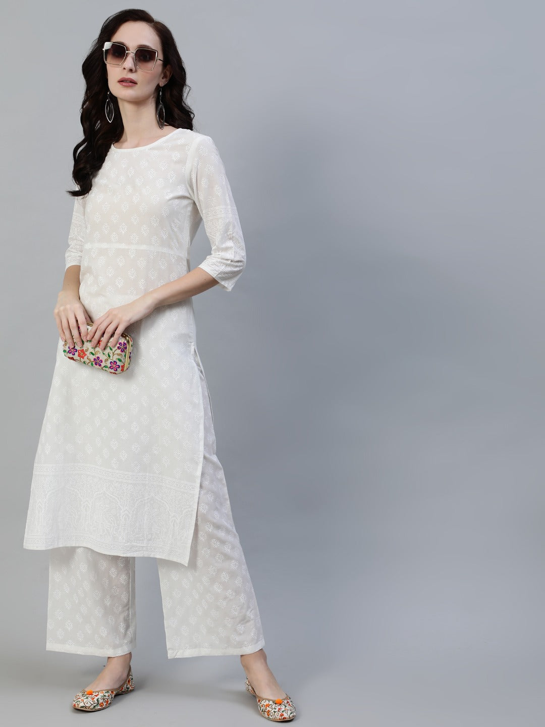 Women Off White Straight Block Print Pure Cotton Kurta & Palazzos | LASVINI - Redefining Indian Fashion with Elegance