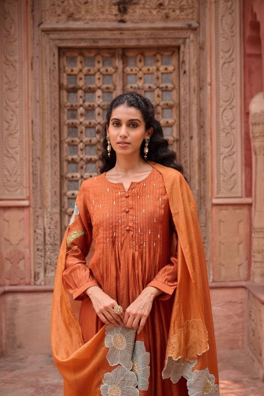 Women Rust Embroidered Mul Chanderi Party Wear Kurti Set With Dupatta