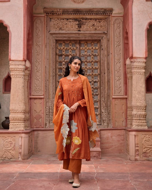 Women Rust Embroidered Mul Chanderi Party Wear Kurti Set With Dupatta